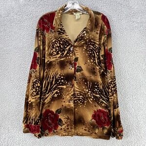 Islander Blouse Womens XL Brown Velour Collared Button Boho Vintage 80's